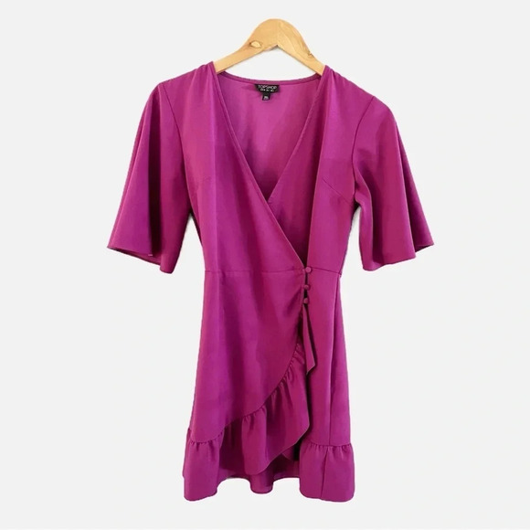 TopShop Dress Purple Ruffled Wrap Mini Dress Size 2 - Picture 2 of 7